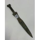 A BRONZE RITUALISTIC STYLE DAGGER.