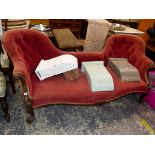 A VICTORIAN BUTTON UPHOLSTERED DOUBLE CHAIR BACK SALON SETTEE.