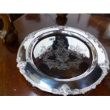 FIVE SMALL ARMORIAL DECORATED SILVER PLATED PLATTERS.