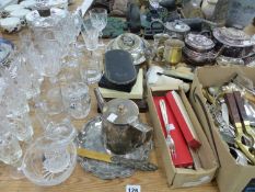 A QUANTITY OF VARIOUS SILVER PLATED WARES, CUT GLASSES, AND A SILVER MOUNTED DECANTER.