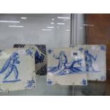 FOUR DELFT BLUE AND WHITE TILES.