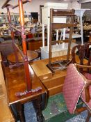 AN EDWARDIAN TOWEL RAIL, A DROP LEAF TABLE, A STOOL, PAINTED BOX. ETC.