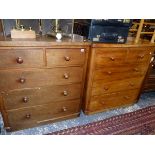 A VICTORIAN MAHOGANY CHEST OF DRAWERS AND A SIMILAR SMALLER CHEST.