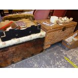 A VICTORIAN PINE BLANKET BOX, TOGETHER WITH A CARVED CAMPHOR WOOD BOX.