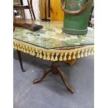 A EARLY 19th C. TRIPOD TABLE WITH OVERLAID TAPESTRY PANEL COVER AND LATER GLASS TOP.