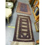 AN OLD TURKISH RUG 186 X 112cms, TOGETHER WITH A MIXED TECHNIQUE BELOUCH RUG.