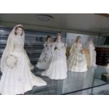 FIVE COALPORT AND ONE DOULTON BRIDE FIGURINES WITH SIX STANDS.