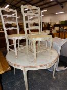 A FRENCH STYLE PAINTED CIRCULAR TABLE, AND THREE SIMILAR CHAIRS.