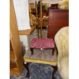 TWO STOOLS AND A PAIR OF BRASS STANDARD LAMPS.