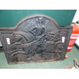 A LARGE CAST IRON FIREBACK WITH HORSE AND RIDER DECORATION BEARING THE DATE 1649 . 68 CM HIGH X 84
