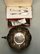 A VICTORIAN HALLMARKED SILVER BUTTER SERVER, TOGETHER WITH TWO FURTHER SILVER EXAMPLES, AND A PLATED