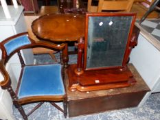 A WALNUT TRAY TOP TRIPOD TABLE, A VICTORIAN SWING MIRROR, DROP LEAF THREE DRAWER OCCASIONAL TABLE, A