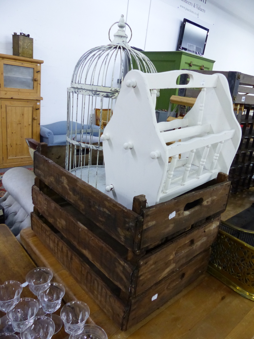 TWO WINE RACKS, VINTAGE FRUIT CRATES, A BIRD CAGE,ETC.