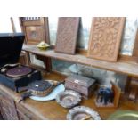 A COLUMBIA PORTABLE GRAMOPHONE, A CARVED OAK CADDY BOX, A PAIR OF PLATED COASTERS ETC.