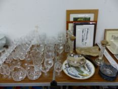 A QUANTITY OF VARIOUS CUT GLASS WARES, A FOSSIL, PRINTS, ETC.