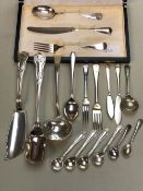 A CONTINENTAL SILVER CASED KNIFE, FORK AND SPOON SET, TOGETHER WITH HALLMARKED SILVER AND