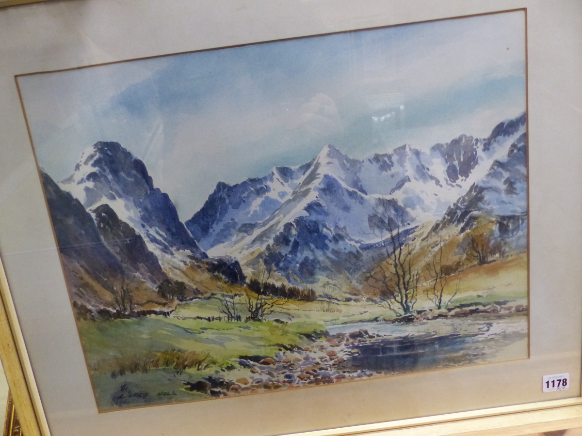 E, GREIG HALL ( 20TH CENTURY ARR. ) A HIGHLAND VIEW SIGNED WATERCOLOUR 38 X 56 CM TOGETHER WITH - Image 2 of 5