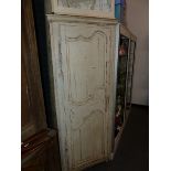 A FRENCH PAINTED SINGLE DOOR FLOOR STANDING CORNER CABINET AND A HANGING OPEN CABINET.