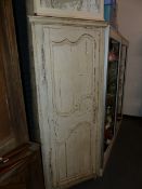 A FRENCH PAINTED SINGLE DOOR FLOOR STANDING CORNER CABINET AND A HANGING OPEN CABINET.