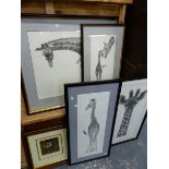 GARY HODGES B.1954 ARR.FOUR PENCIL SIGNED LTD EDITION PRINTS OF GIRAFFES , ANOTHER OF A TREE FROG