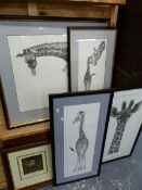 GARY HODGES B.1954 ARR.FOUR PENCIL SIGNED LTD EDITION PRINTS OF GIRAFFES , ANOTHER OF A TREE FROG