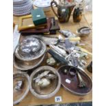 A PAIR OF 19th C. SHEFFIELD PLATE WINE COASTERS, AND VARIOUS OTHER SILVER PLATED WARES, ETC.