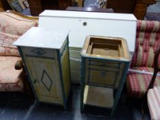 A CONTINENTAL PAINTED PINE BUREAU TOGETHER WITH TWO PAINED FAUX BAMBOO BEDSIDE CABINETS.