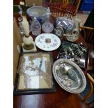 AN ANTIQUE HAND PAINTED ARMORIAL PLATTER, A PLATED MEAT COVER, GLASS DECANTERS, AN EARLY PRINT ETC.