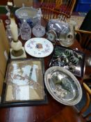 AN ANTIQUE HAND PAINTED ARMORIAL PLATTER, A PLATED MEAT COVER, GLASS DECANTERS, AN EARLY PRINT ETC.