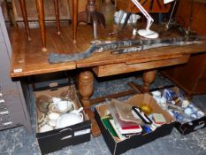 A DRAW LEAF OAK TABLE, A TRIPOD TABLE AND AN OCCASIONAL TABLE.