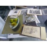 A GROUP OF ANTIQUE ENGRAVINGS AND AN OIL PAINTING, STILL LIFE OF PEARS.
