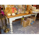 A PAINTED PINE KITCHEN TABLE, TWO SMALL PAINTED CABINETS, A TRAY TOP TABLE AND A LARGE OVAL MIRROR.