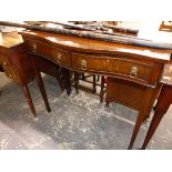 A GEORGIAN STYLE MAHOGANY SERPENTINE SERVING TABLE WITH TWO DRAWERS.
