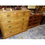 A VICTORIAN ASH CHEST OF DRAWERS, A WALNUT EXAMPLE AND AN EDWARDIAN INLAID SMALL CHEST.