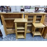 TWO PINE CABINETS AND TWO MODERN STANDS.