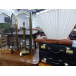 THREE BRIEF CASES, A TABLE LAMP, BRASS WEIGHTS ETC.