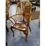 A SET OF EIGHT BESPOKE BEECH AND ELM WINDSOR ARM CHAIRS ON CABRIOLE FORELEGS, WITH CRINOLINE