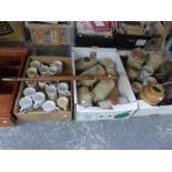 TWO VINTAGE STORM LAMPS, SIX STONEWARE HOT WATER BOTTLES, KITCHEN JARS ETC.