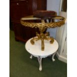 A SMALL WHITE PAINTED OCCASIONAL TABLE TOGETHER WITH A GILT METAL LOW TABLE BASE AND A SMALL STOOL