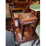 A SMALL ORIENTAL HARD WOOD URN STAND, A SWING MIRROR, TWO TABLES AND A STOOL.