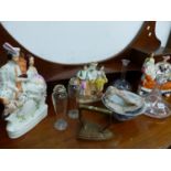 THREE STAFFORDSHIRE FLAT BACK FIGURES, A PAIR OF SILVER MOUNTED SPILL VASES, DECANTERS ETC.
