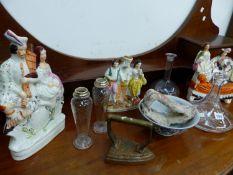 THREE STAFFORDSHIRE FLAT BACK FIGURES, A PAIR OF SILVER MOUNTED SPILL VASES, DECANTERS ETC.