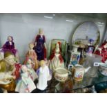 THIRTEEN ROYAL DOULTON FIGURINES, A WORCESTER FIGURE, MOORCROFT COFFEE CAN AND SAUCER, A FISH