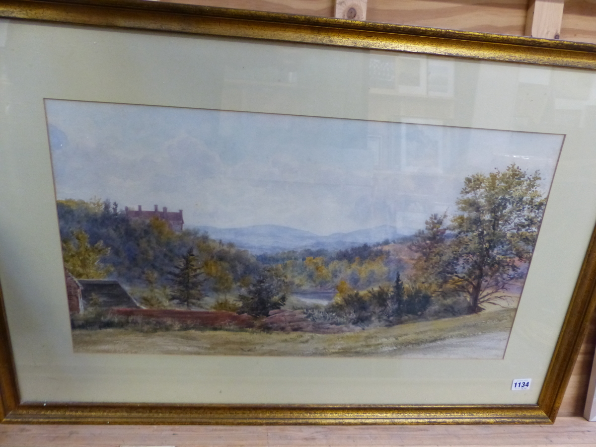 A LARGE 19th C. LANDSCAPE WATERCOLOUR 36 x 66cms, TOGETHER WITH A MARSHLAND PASTEL BY SIMON MARSH, A