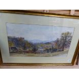 A LARGE 19th C. LANDSCAPE WATERCOLOUR 36 x 66cms, TOGETHER WITH A MARSHLAND PASTEL BY SIMON MARSH, A