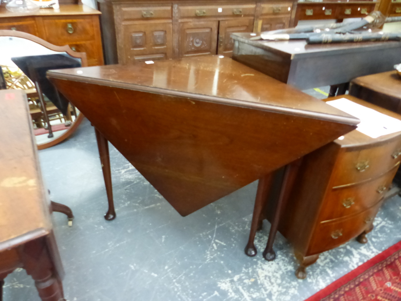 A 19th C. MAHOGANY FOLD OVER CORNER TABLE AND A GEORGIAN STYLE CABRIOLE LEGGED STOOL. - Image 5 of 5