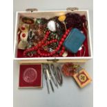 A LARGE COLLECTION OF PREDOMINATELY VINTAGE COSTUME JEWELLERY, TO INCLUDE A SILVER HANDLED PART