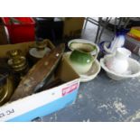 TWO OIL LAMPS, A MODEL POND YACHT, VARIOUS WASH JUGS AND BASIN SETS ETC.