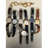SEVEN GENTLEMAN'S VINTAGE WRISTWATCHES AND ONE MODERN AND A GOLD PLATED CURB CHAIN AND T-BAR, TO