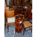 AN EDWARDIAN DRESSING STOOL, THREE SIDE CHAIRS, A BESIDE CABINET, AND A CAKE STAND.